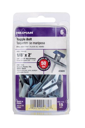 HILLMAN 1/8 in. D X 2 in. L Round Zinc-Plated Steel Toggle Bolt 15 pk