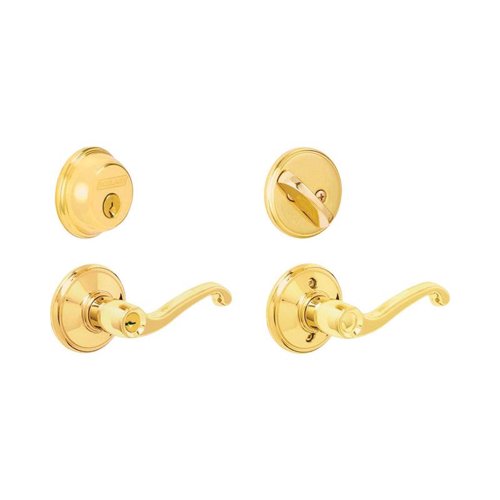 Schlage Flair Bright Brass Deadbolt and Entry Door Knob 1-3/4 in.