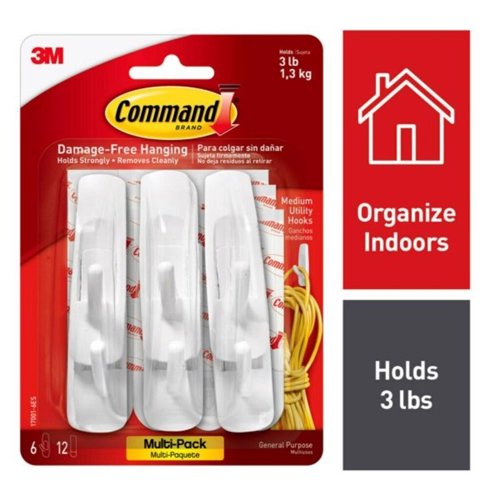 3M Command Medium Plastic Hook 3 in. L 6 pk