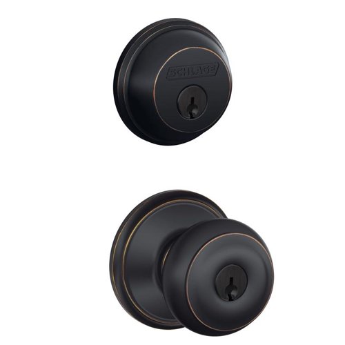 Schlage Georgian Aged Bronze Deadbolt and Entry Door Knob 1-3/4 in.