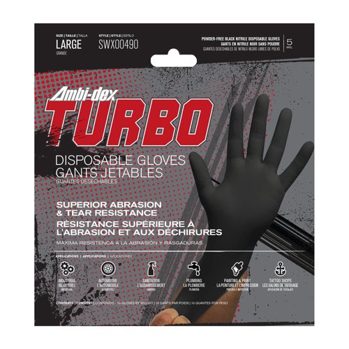 Ambi-Dex Turbo Nitrile Disposable Gloves Large Black Powder Free 10 pk
