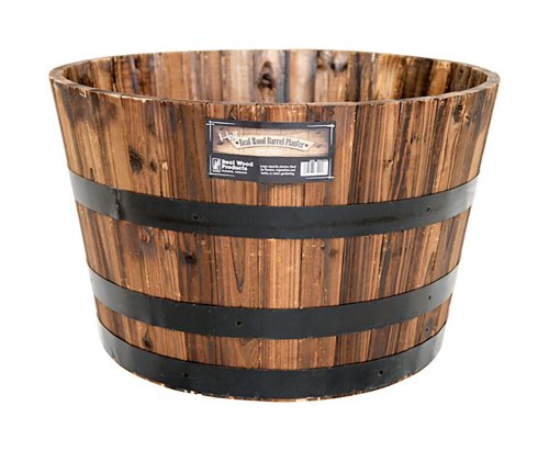Real Wood Products 16 in. H X 24.8 in. W X 26 in. D Wood Half Whiskey Barrel Planter Brown