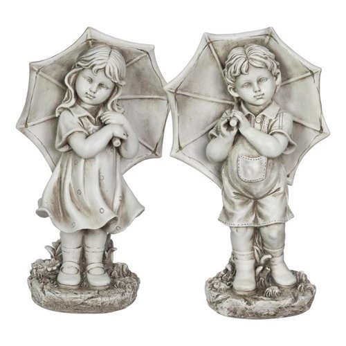Exhart Resin Stone 18.7 in. Boy and Girl with Umbrella Statue