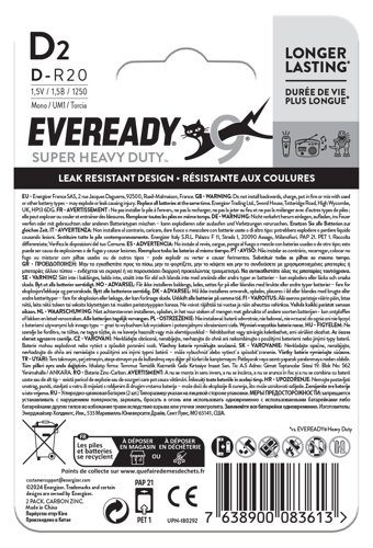 Eveready Super Heavy Duty Size D Batteries (Pack of 2) R20B2UP