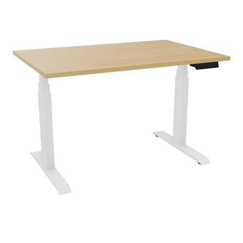 Power assisted height-adjustment Axel desk W. 120 x D. 80 cm - light oak melamine worktop 25 mm thick - white smooth metal legs