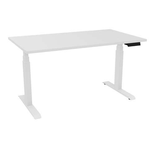 Power assisted height-adjustment Axel desk W. 140 x D. 80 cm - snow white melamine worktop 25 mm thick - white smooth metal legs