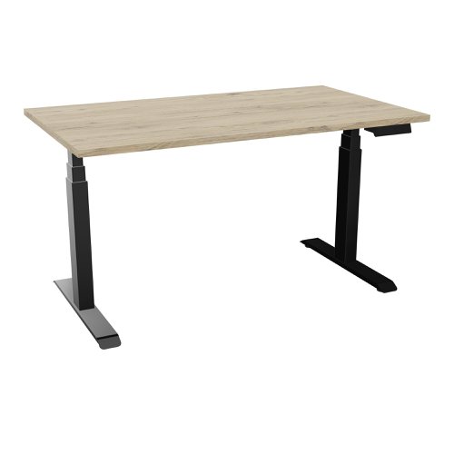 Power assisted height-adjustment Axel desk W. 140 x D. 80 cm - Brunswick oak melamine worktop 25 mm thick - black smooth metal legs