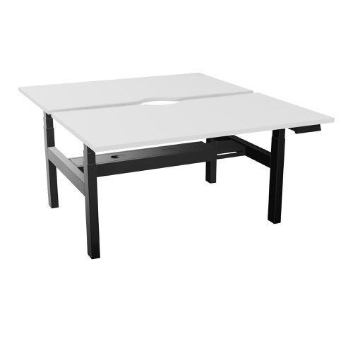 Power assisted height-adjustment Axel bench desk W. 140 x D. 80 cm snow white melamine worktop 25 mm thick with scallop black smooth metal legs