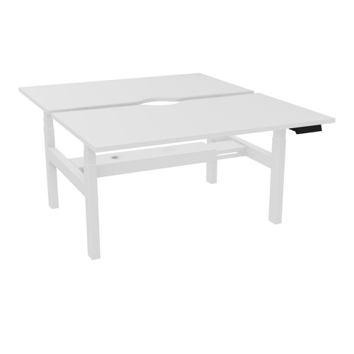 Power assisted height-adjustment Axel bench desk W. 140 x D. 80 cm snow white melamine worktop 25 mm thick with scallop white smooth metal legs