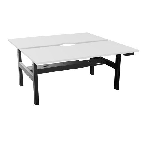 Power assisted height-adjustment Axel bench desk W. 160 x D. 80 cm snow white melamine worktop 25 mm thick with scallop black smooth metal legs