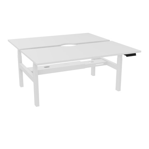 Power assisted height-adjustment Axel bench desk W. 160 x D. 80 cm snow white melamine worktop 25 mm thick with scallop white smooth metal legs