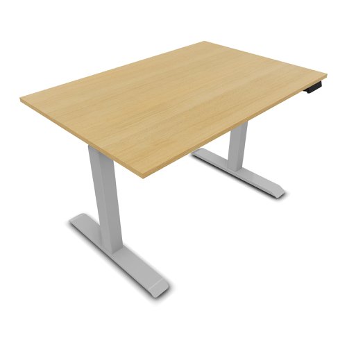 Lutz 2 Rectangular Electrically Height Adjustable Desk W120 x D80 x Thk. 19 mm Light Oak Melamine Finish Square Section 70x70mm White Legs