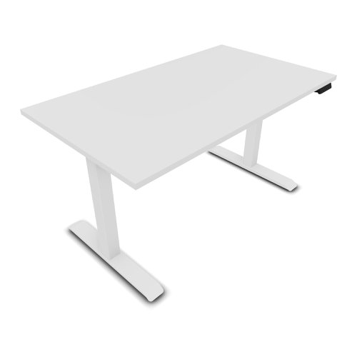 Lutz 2 Rectangular Electrically Height Adjustable Desk W140 x D80 x Thk. 19 mm Snow White Melamine Finish Square Section 70x70mm White Legs