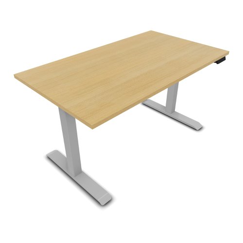 Lutz 2 Rectangular Electrically Height Adjustable Desk W160 x D80 x Thk. 19 mm Light Oak Melamine Finish Square Section 70x70mm Silver Grey Legs