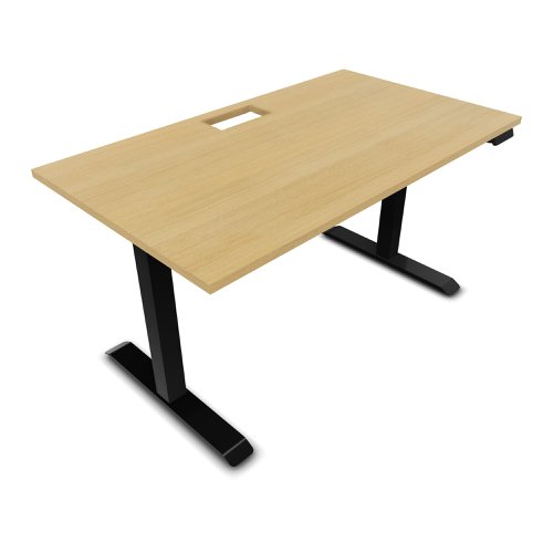 Lutz 2 Rectangular Electrically Height Adjustable Desk W140 x D80 x Thk. 19 mm Light Oak Pre Cut Opening Melamine Finish Black Legs