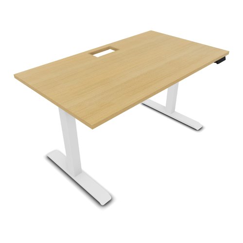 Lutz 2 Rectangular Electrically Height Adjustable Desk W140 x D80 x Thk. 19 mm Light Oak Pre Cut Opening Melamine Finish White Legs