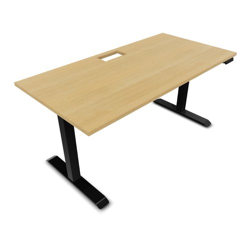 Lutz 2 Rectangular Electrically Height Adjustable Desk W160 x D80 x Thk. 19 mm Light Oak Pre Cut Opening Melamine Finish Black Legs