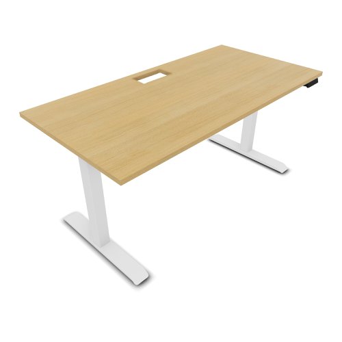 Lutz 2 Rectangular Electrically Height Adjustable Desk W160 x D80 x Thk. 19 mm Light Oak Pre Cut Opening Melamine Finish White Legs