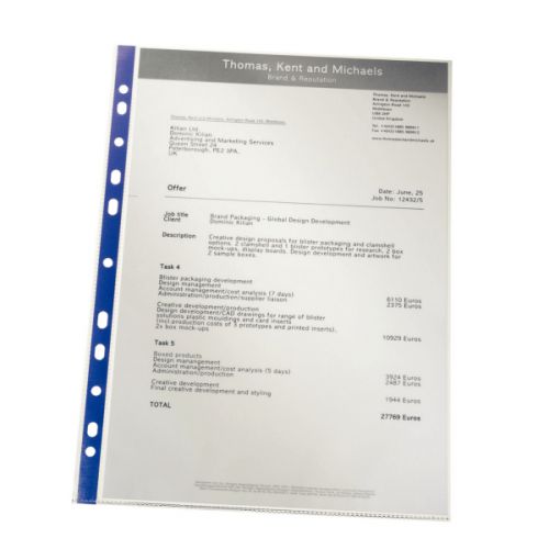 Leitz Premium Presentation Pocket Blue Strip Top and Side-opening 75 Micron A4 Clear Ref 62011 [Pack 25]