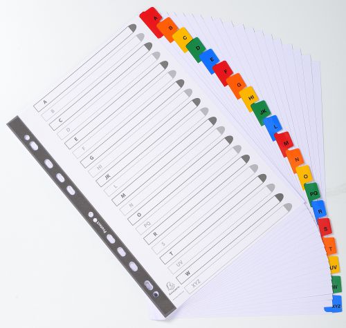 Exacompta Index A-Z A4 160gsm Card White with Coloured Mylar Tabs - 1111E 20448EX Buy online at Office 5Star or contact us Tel 01594 810081 for assistance