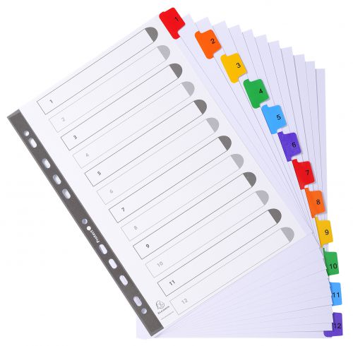20434EX | 12 Part A4 indices with reinforced plastic coloured tabs.  Made from 160gsm white card.  Features printed index page for identifying contents.  Pre-punched so they can be inserted into most files and folders.  FSC® Certified.