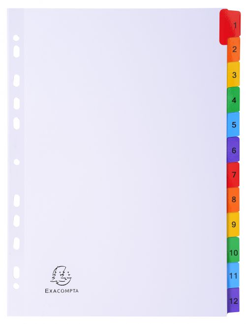 12 Part A4 indices with reinforced plastic coloured tabs.  Made from 160gsm white card.  Features printed index page for identifying contents.  Pre-punched so they can be inserted into most files and folders.  FSC® Certified.