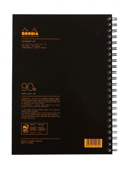 Rhodia WireBound A4 Hard Bound Book Feint Ruled Margin 90gsm 160 Pages