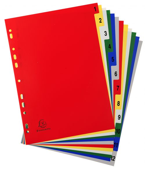 12 Part A4 0.12mm polypropylene indices with coloured tabs.  Pre-punched so they can be inserted into most files and folders. 