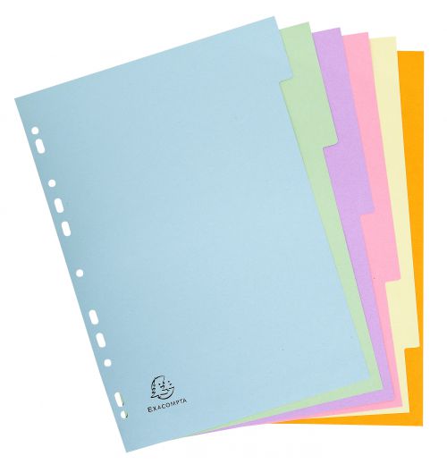 20525EX | 6 Part A4 dividers made from 170gsm recycled card.  Incorporates a selection of assorted pastel colours.  Blue Angel certified.