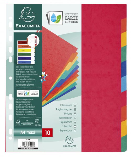 Europa Heavy-duty Subject Dividers 10-Part Card Multipunched 300gsm Extra Wide A4+ Assorted Ref 2410E