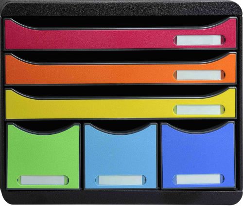 Drawer set with 6 drawers, 3 drawers for storage of A4+ documents and 3 narrow but tall drawers for office stuff. Landscape format : fits perfectly on shallow cupboard or desktops (external depth 27cm).