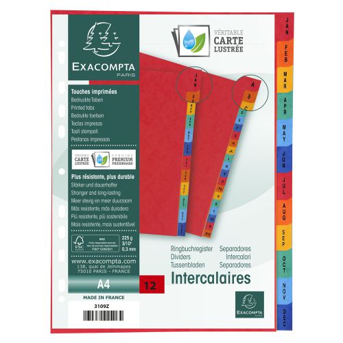 Exacompta Index Jan-Dec A4 225gsm Pressboard Assorted Colours - 3109Z Exacompta
