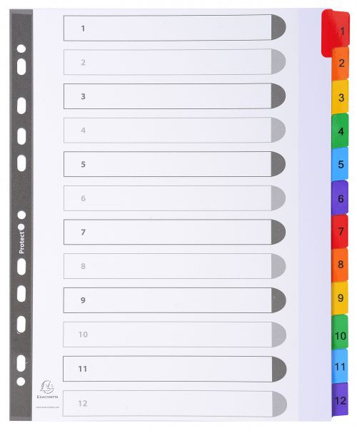 Exacompta Index 1-12 A4 Extra Wide 160gsm Card White with Coloured Plastic Tabs - 4112E Printed File Dividers 20469EX