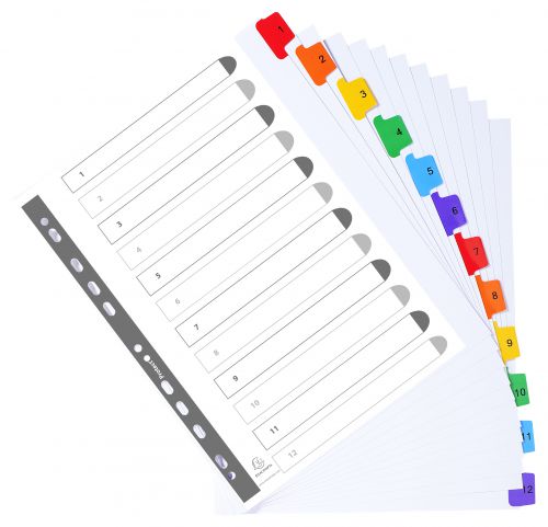 Exacompta Index 1-12 A4 Extra Wide 160gsm Card White with Coloured Plastic Tabs - 4112E 20469EX Buy online at Office 5Star or contact us Tel 01594 810081 for assistance