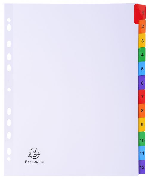 Exacompta Index 1-12 A4 Extra Wide 160gsm Card White with Coloured Plastic Tabs - 4112E Printed File Dividers 20469EX