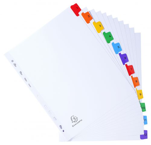 Exacompta Index 1-12 A4 Extra Wide 160gsm Card White with Coloured Plastic Tabs - 4112E 20469EX