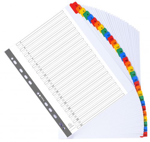 Exacompta Index 1-31 A4 Extra Wide 160gsm Card White with Coloured Mylar Tabs - 4131E Printed File Dividers 20476EX
