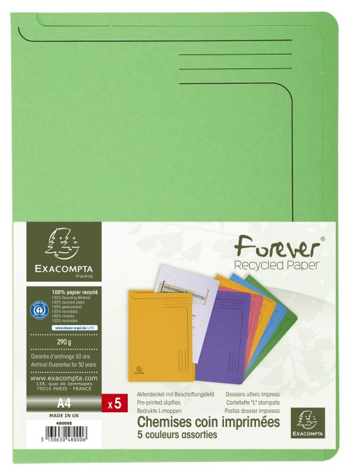 Exacompta Forever Slip Files 290gsm A4 Assorted Colours (Pack 5) - 48000E Open 2 Side Folders 21916EX
