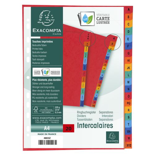 Exacompta Europa Coloured Pressboard Index 20-Part A-Z A4 4803Z