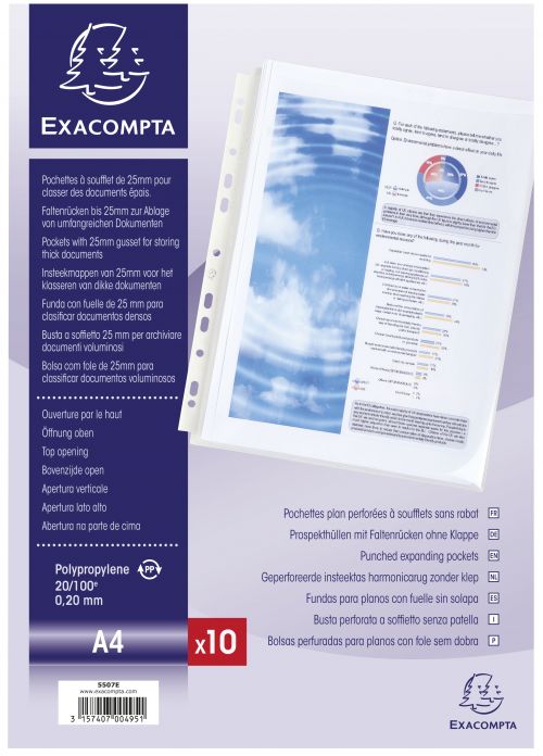 Exacompta Expanding Punched Pockets A4 Clear (Pack 10) - 5507E Punched Pockets 21923EX