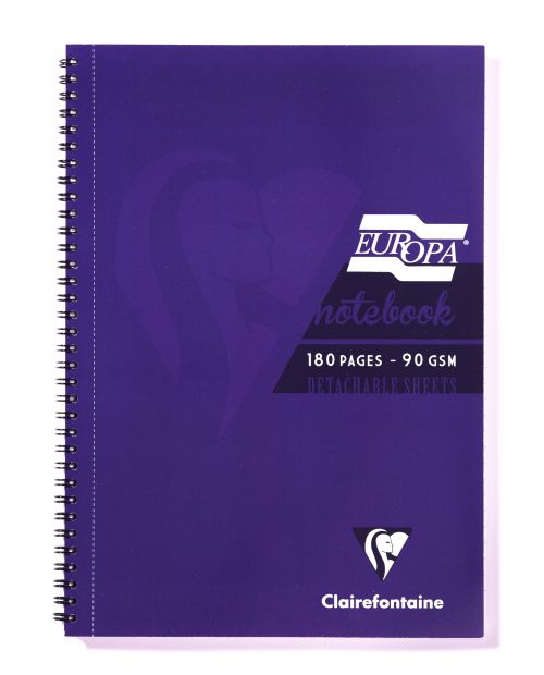Clairefontaine Europa A4 Wirebound Card Cover Notebook Ruled 180 Pages Purple (Pack 5)