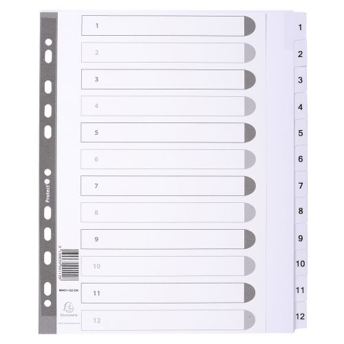Exacompta Index 1-12 A4 Extra Wide 160gsm Card White with White Mylar Tabs - MWD1-12Z-EW