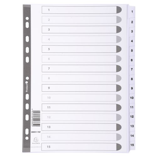Exacompta Index 1-15 A4 Extra Wide 160gsm Card White with White Mylar Tabs