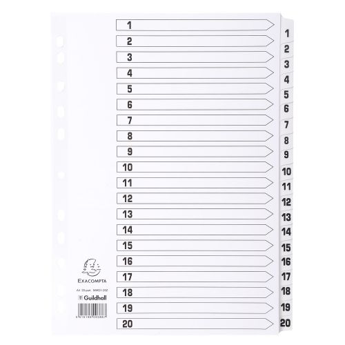 Exacompta Index 1-20 A4 160gsm Card White with White Mylar Tabs - MWD1-20Z