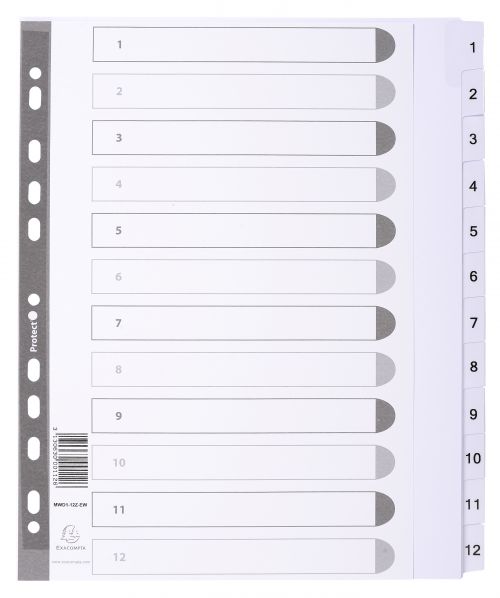 Exacompta Index 1-12 A4 Extra Wide 160gsm Card White with White Mylar Tabs - MWD1-12Z-EW