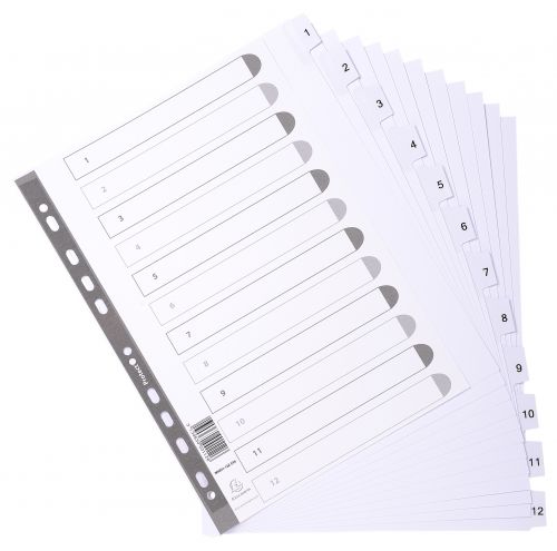 Exacompta Index 1-12 A4 Extra Wide 160gsm Card White with White Mylar Tabs - MWD1-12Z-EW Exacompta