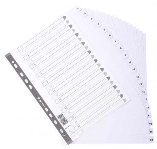Exacompta Index 1-20 A4 Extra Wide 160gsm Card White with White Mylar Tabs - MWD1-20Z-EW Printed File Dividers 20637EX