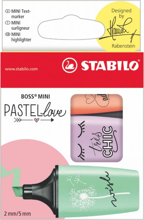 STABILO BOSS Mini Pastellove Highlighter Chisel Tip 2-5mm Line Mint/Lilac/Peach (Pack 3) 07/03-47