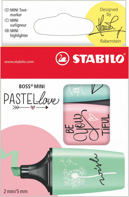 STABILO BOSS Mini Pastellove Highlighter Chisel Tip 2-5mm Line Mint/Pink/Turquoise (Pack 3)