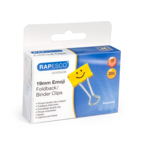 30087RA - Rapesco Foldback Clip 19mm Assorted Emojis Yellow (Pack 20) - 1351